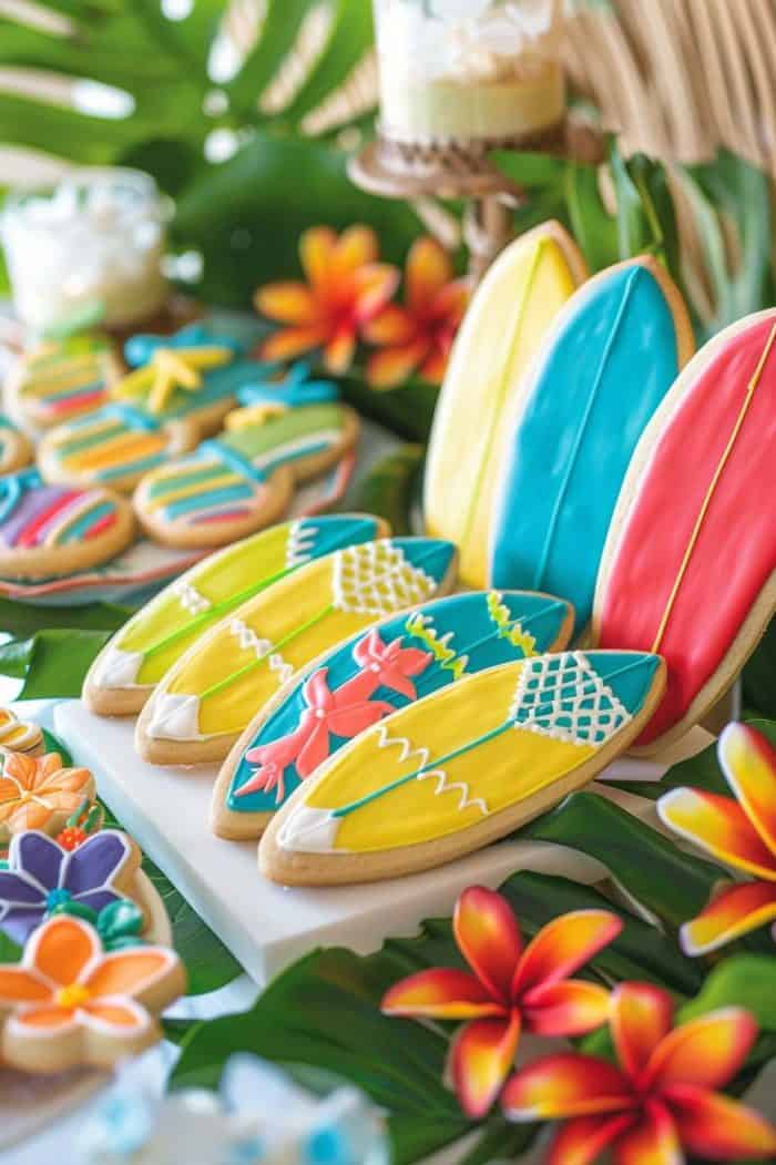 Colorful surfboard-shaped cookies on a table decorated with tropical flowers and leaves.