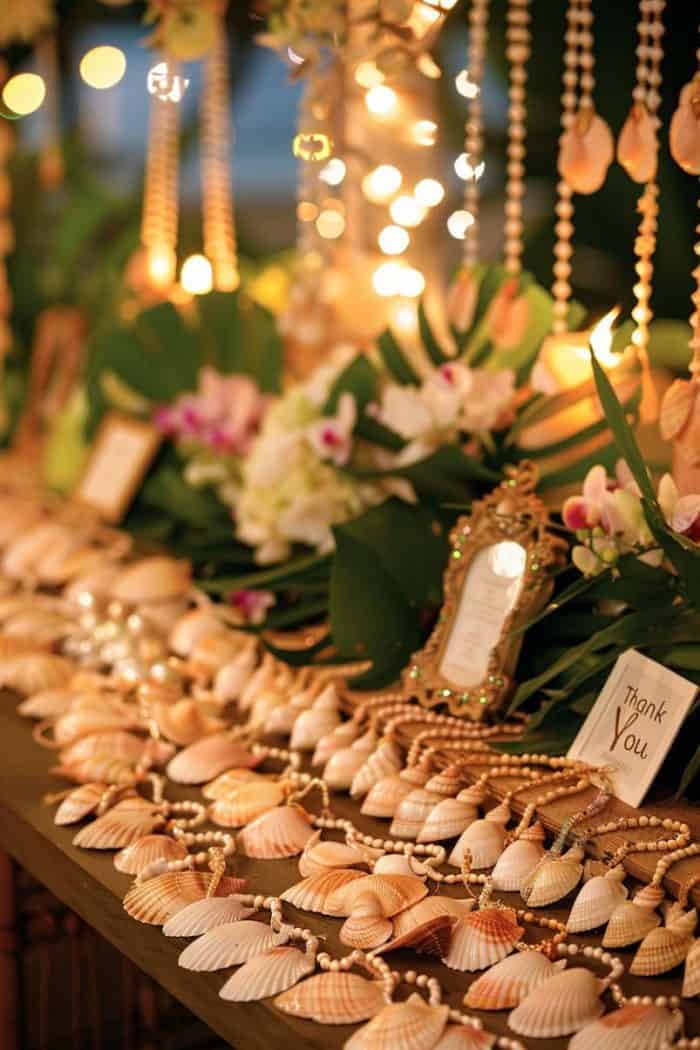 A decorative display of seashell garlands and framed signs on a table adorned with tropical leaves, flowers, and warm string lights.