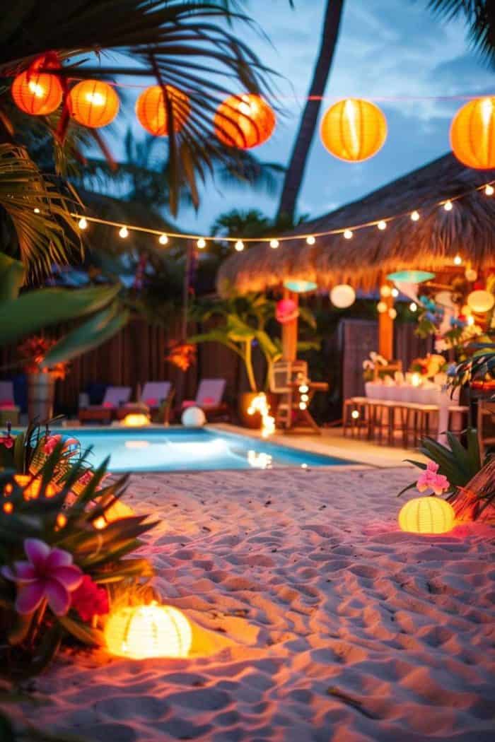 Beach-themed poolside area with sand, colorful lanterns, string lights, and tropical plants. There are lounge chairs by the pool and a dining area under a thatched roof.