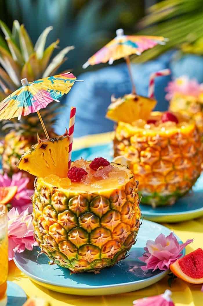 Pineapple drinks with umbrellas, straws, and fruit garnishes on blue plates, surrounded by flowers and fruit slices.