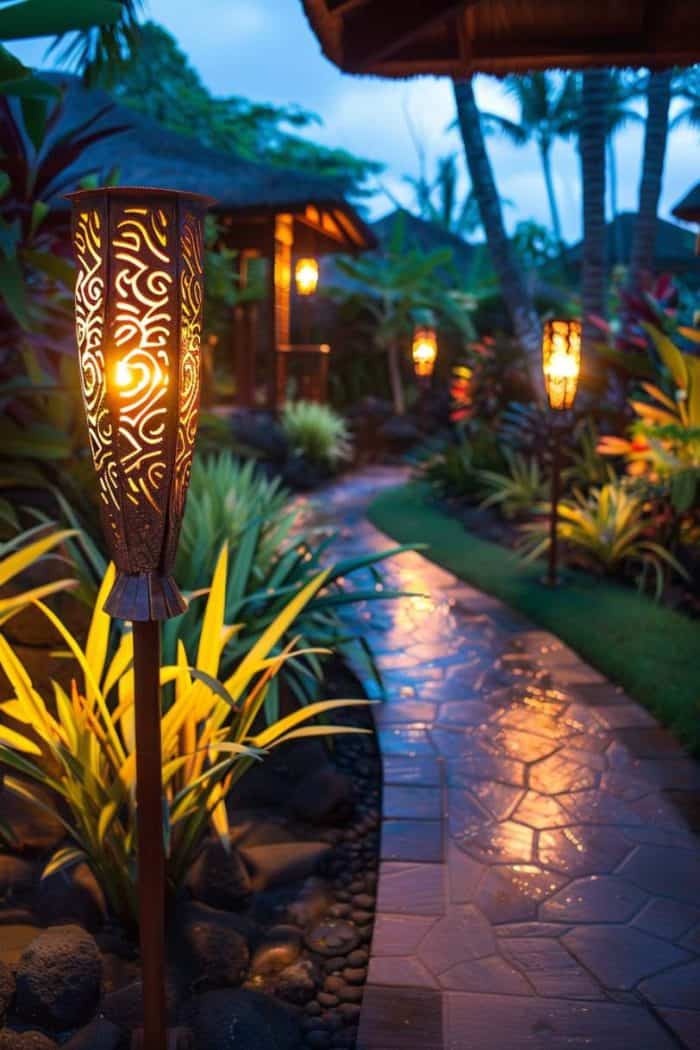 A tropical garden path at dusk, illuminated by decorative lanterns. Lush greenery lines the wet stone walkway, creating a serene atmosphere.