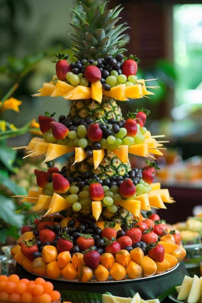 A colorful fruit tower featuring a pineapple top, layered with grapes, strawberries, cheese slices, and surrounded by oranges on a platter.