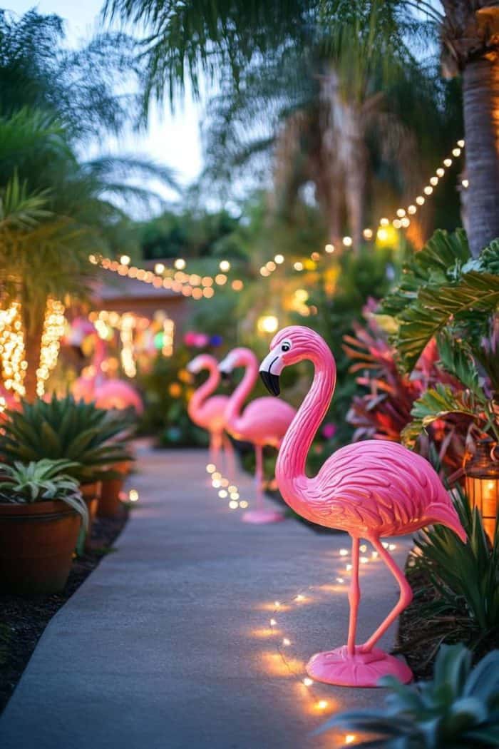 Pathway with pink flamingo decorations, surrounded by plants and lit by string lights in a garden setting.