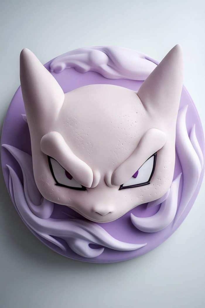 A stylized cake shaped like a Pokémon character's head, featuring purple shading and swirling decorations on a round base. The expression is intense, with large eyes and raised eyebrows.