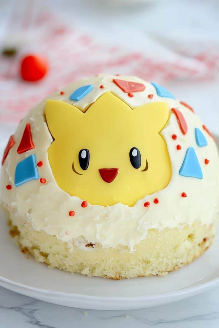 A round cake with white frosting features a cartoon character's face on top, surrounded by red and blue sprinkles. The cake is on a white plate, sitting on a marble surface.