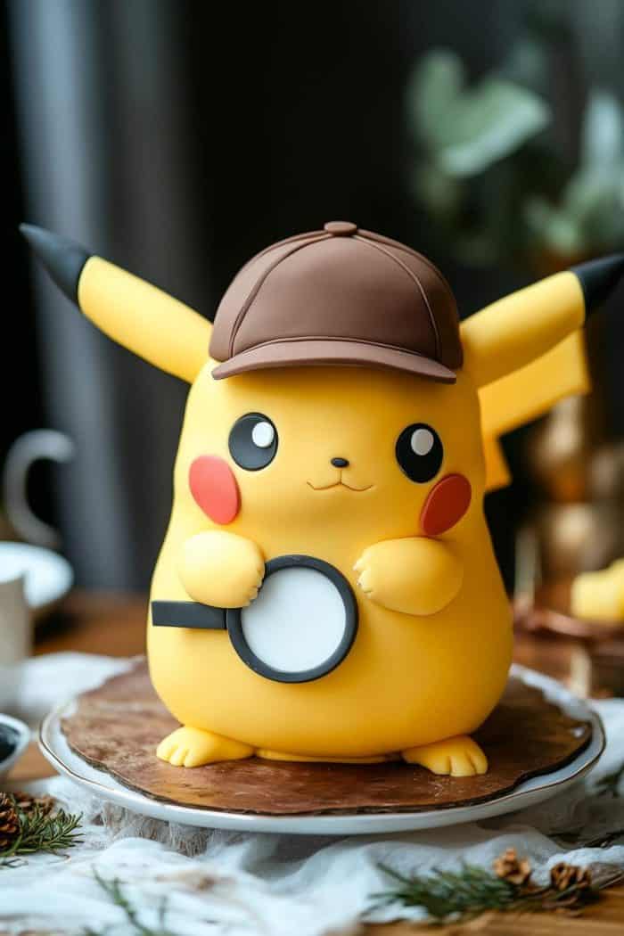 A Pikachu cake wearing a brown cap and holding a magnifying glass, placed on a wooden table. The cake features bright yellow and black colors, with red cheeks, amidst a cozy setting with blurred background elements.