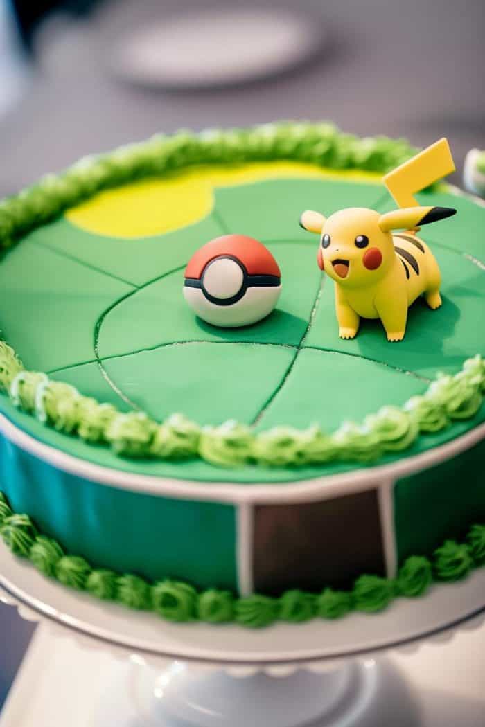A green cake decorated with a Poké Ball and a Pikachu figurine on top. The cake features green frosting trim and sits on a white cake stand, creating a playful Pokémon-themed design.