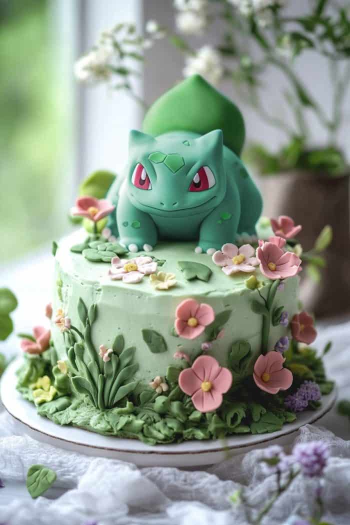 A cake decorated with green frosting and edible flowers features a fondant figure of a creature with red eyes and a bulb on its back. The design includes pink and green floral accents, creating a whimsical nature theme.
