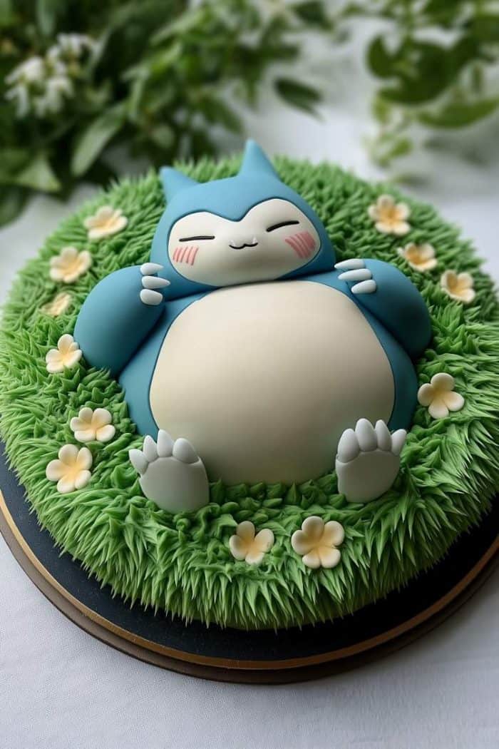 A cake decorated with a figure of a blue, sleeping character with a round belly, surrounded by green icing resembling grass and yellow flowers. The cake is set on a black base, and a leafy background is partially visible.