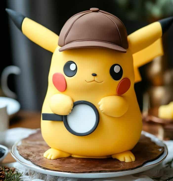 A yellow, character-shaped cake with a brown cap and red cheeks, holding a magnifying glass, sits on a platter. It resembles a cartoon detective with pointy ears and a cheerful expression.