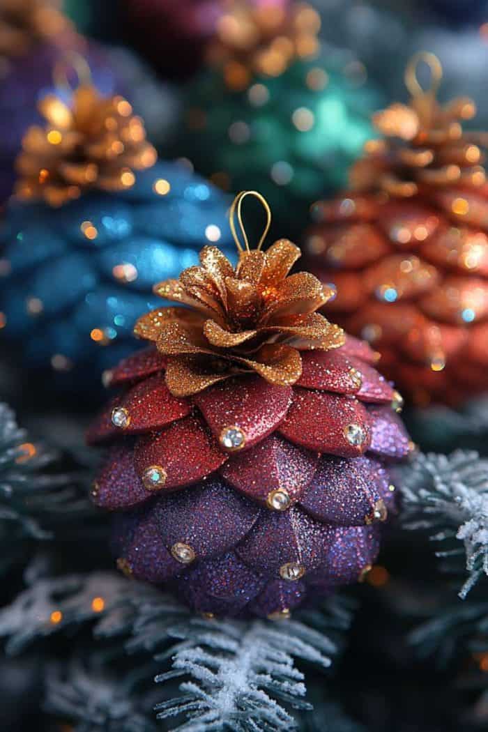 Colorful, glittery Christmas ornaments shaped like pinecones hang on a frosted tree branch.