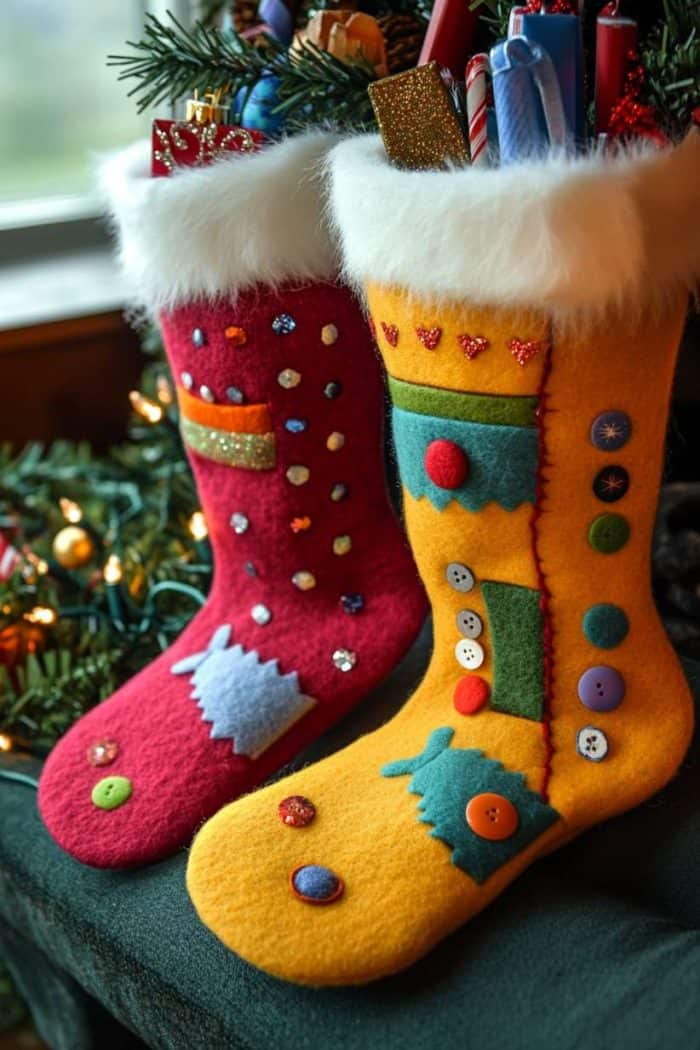Two felt Christmas stockings hanging on a tree, one red and one yellow, both decorated with buttons and filled with small gifts and candy.
