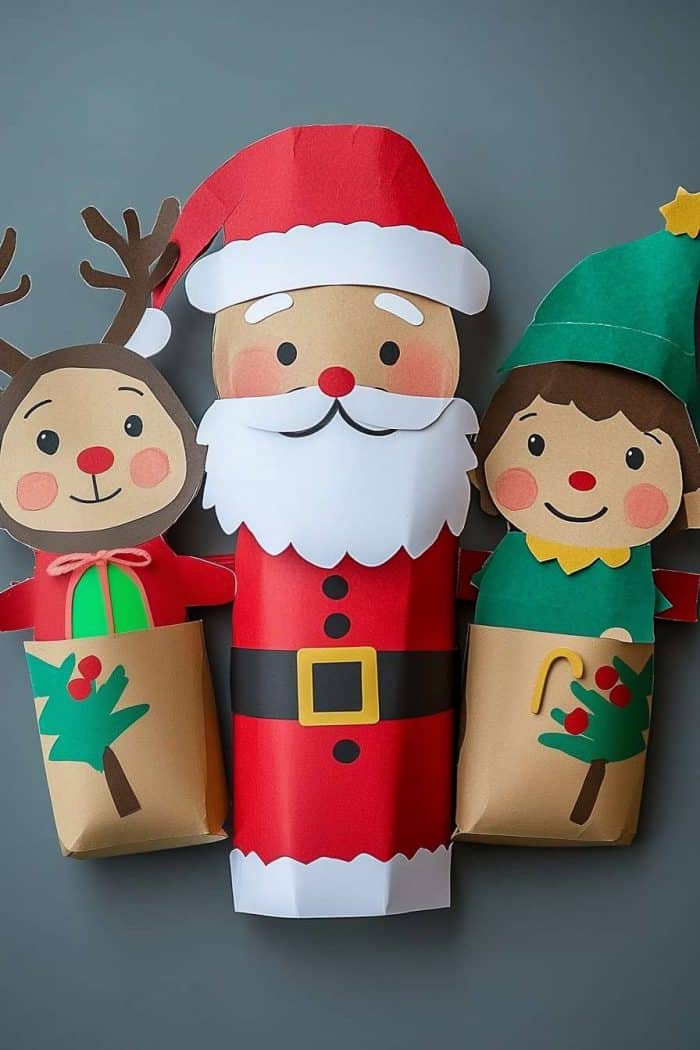 Three gift boxes decorated as a reindeer, Santa Claus, and an elf, wrapped in festive paper with cartoon faces, against a gray background.