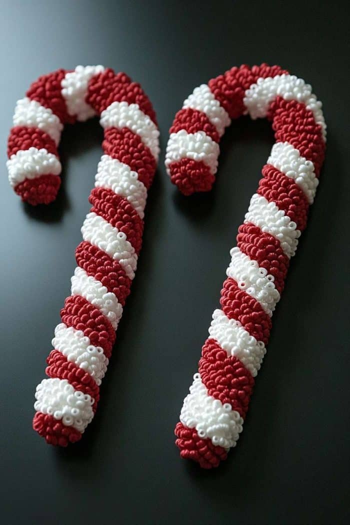 Two red and white striped candy canes made of spiraled beads, placed on a dark surface.