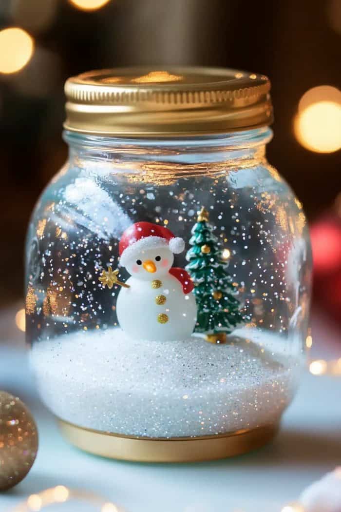 A snow globe jar featuring a snowman wearing a Santa hat and a small Christmas tree, surrounded by glittery snow.