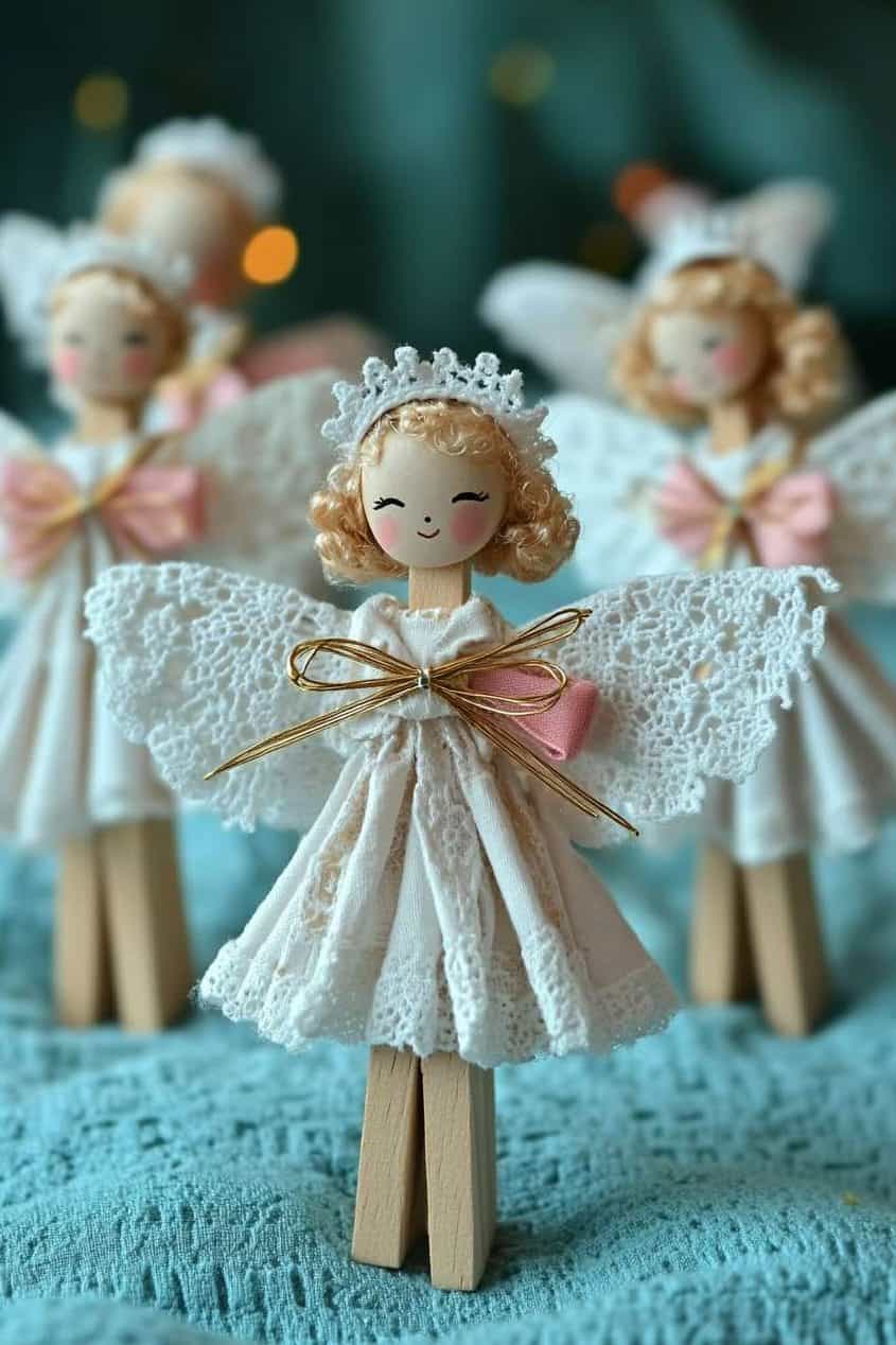 Four handmade clothespin angels with lace wings and pastel decorations are placed on a teal fabric.
