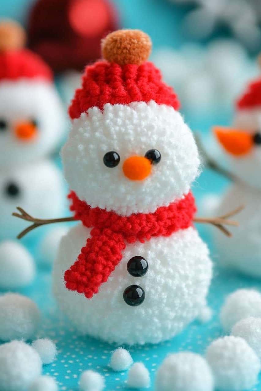 A knitted snowman figure with a red hat and scarf, orange carrot nose, and black button eyes stands among white pom-poms on a blue background.