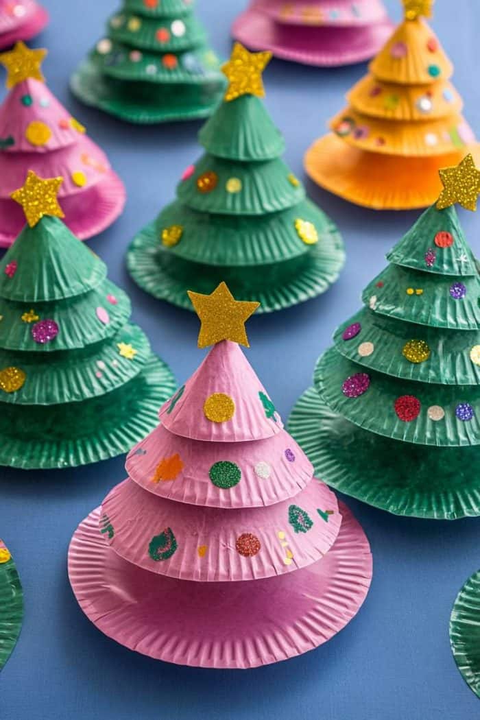 Colorful Christmas trees made from stacked paper cupcake liners, decorated with stars and stickers, placed on a blue surface.