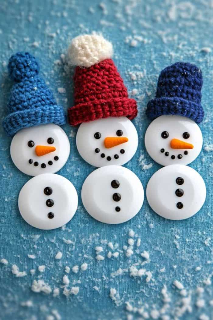 Three snowmen made of buttons with knitted hats and carrot noses on a snowy blue background.