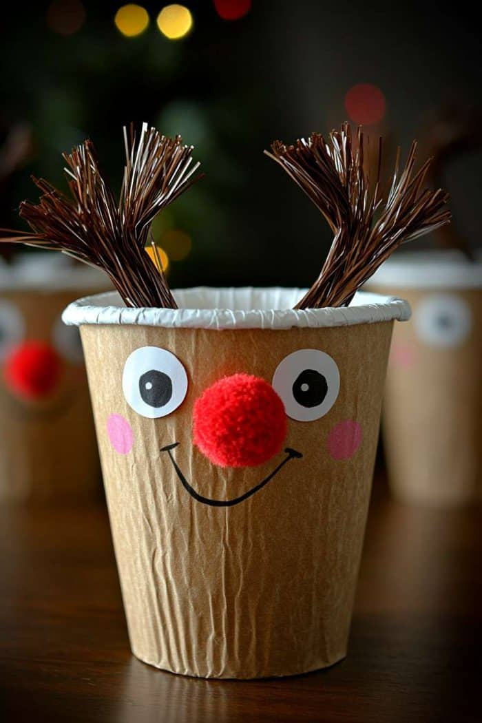 A paper cup decorated as a reindeer with googly eyes, a red pom-pom nose, and brown paper antlers.