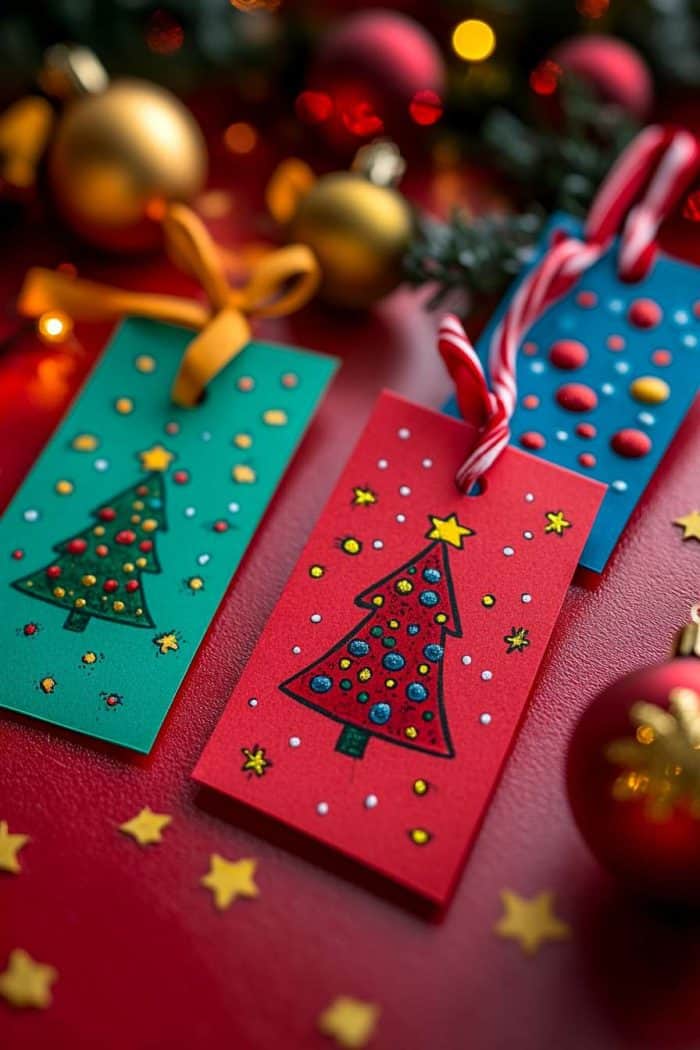 Three colorful Christmas cards with decorated trees and star designs on a red surface, surrounded by ornaments and festive lights.