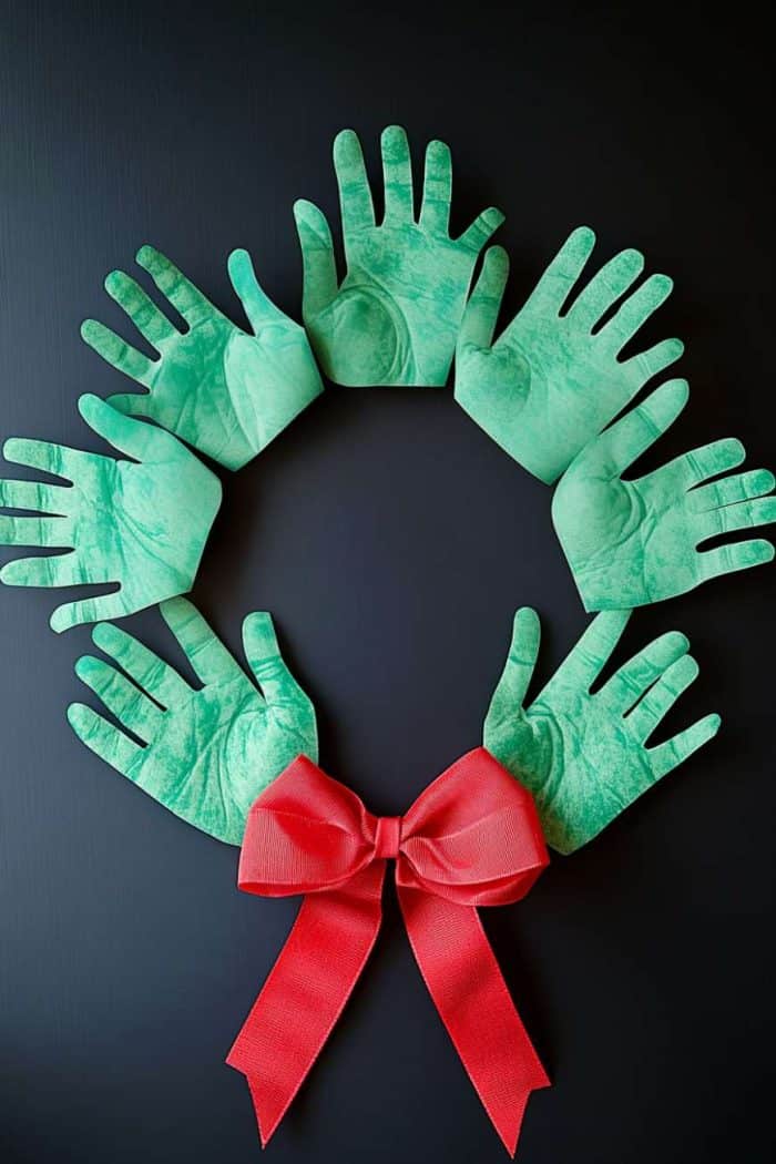 A wreath made of green paper cutouts shaped like hands, arranged in a circle, with a red bow at the bottom against a dark background.