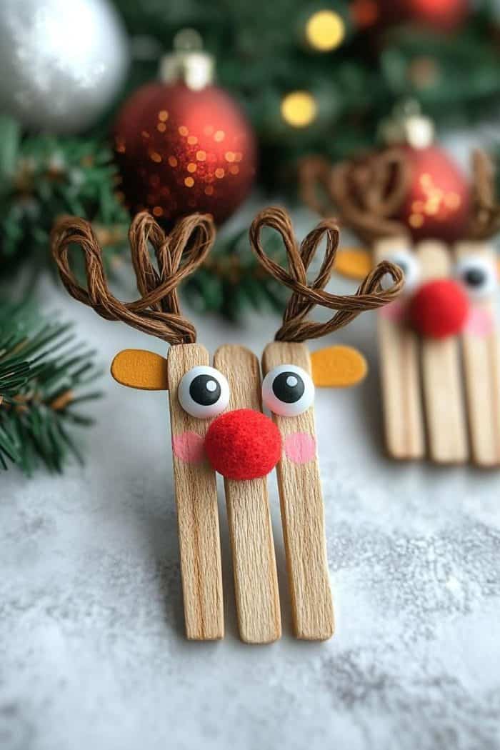 Craft stick reindeer with googly eyes, a red pom-pom nose, and antlers made of twine, placed on a light surface, surrounded by festive decorations.