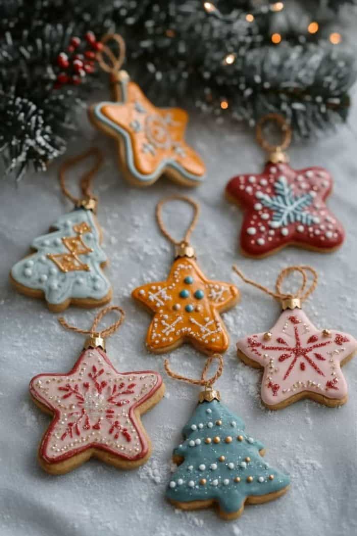 Assorted star-shaped Christmas cookies with colorful iced decorations, arranged on a snowy surface near evergreen branches.