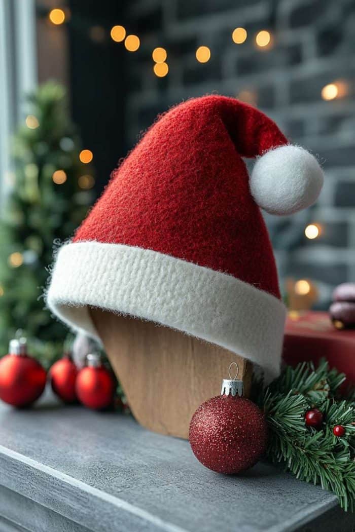 Santa hat on a wooden stand, surrounded by red ornaments and greenery, with blurred lights in the background.
