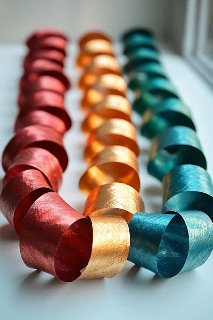 Three paper chains in red, gold, and teal are arranged in parallel on a white surface.