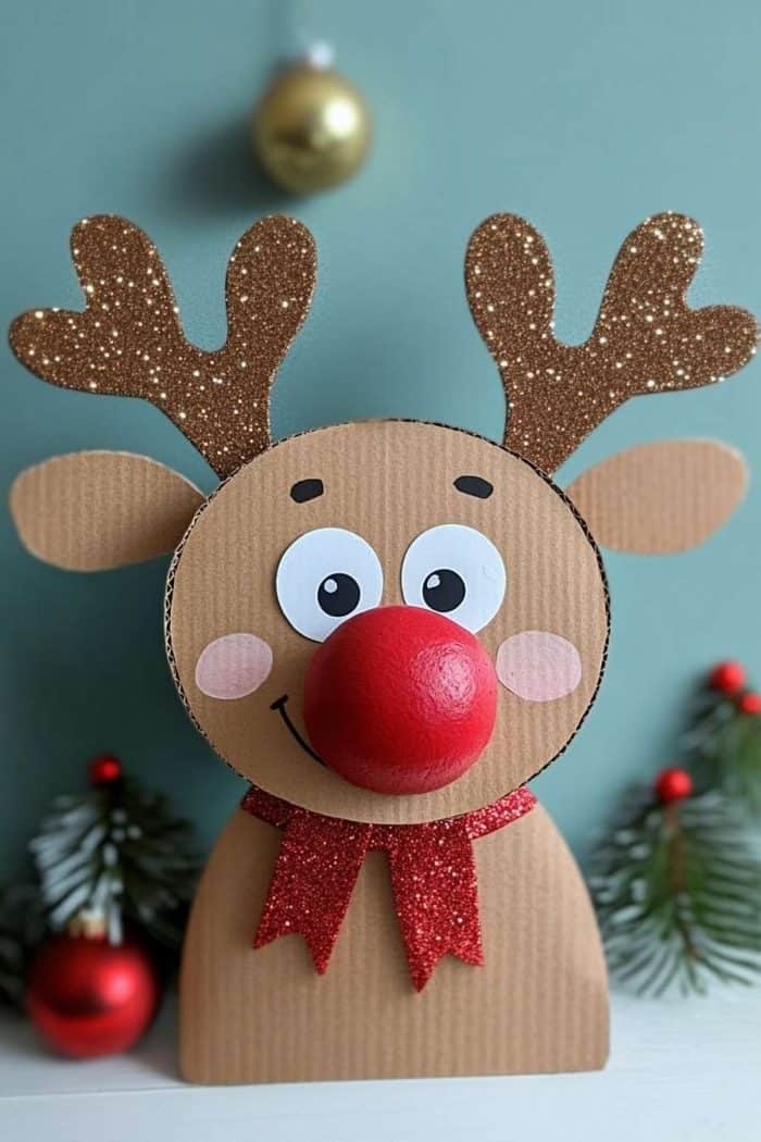 A cardboard reindeer decoration with a red nose and glittery antlers, set against a blue background with pine branches and holiday ornaments.