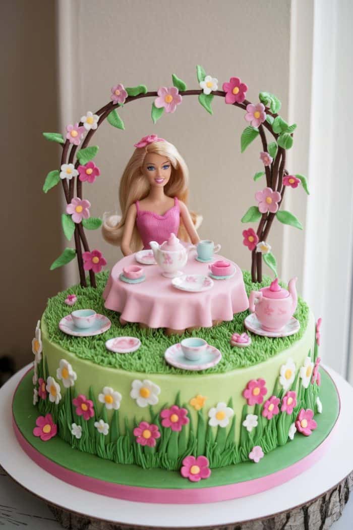A Barbie doll sits at a tea party on top of a colorful cake. The cake features a green base with fondant flowers and grass, and the doll is surrounded by a tea set on a pink table. An arch of flowers and leaves decorates the top.