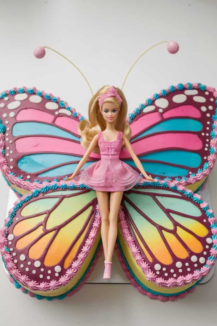 A colorful butterfly-shaped cake with pink, blue, and yellow wings, decorated with a Barbie doll in a pink outfit sitting on top. The wings have vibrant patterns and the doll has long blonde hair and a matching pink headband.