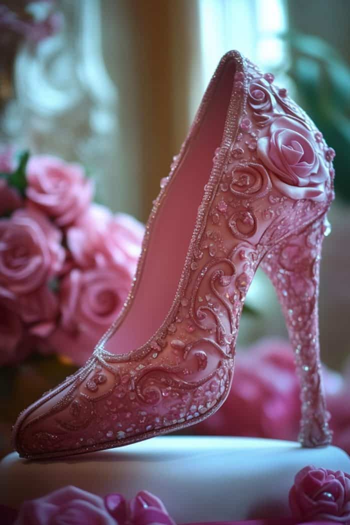 A pink high-heeled Barbie shoe adorned with intricate beadwork and floral embellishments, set against a backdrop of pink roses. The detailed design gives the shoe an elegant, decorative appearance.