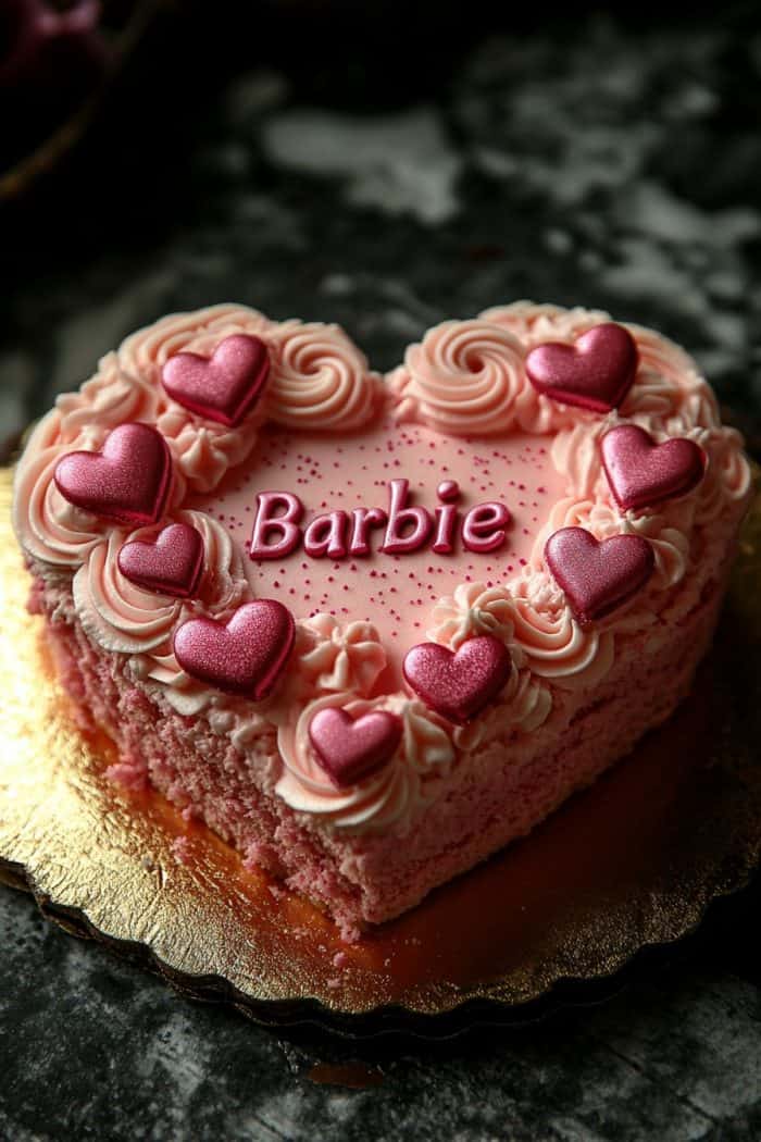 A heart-shaped pink cake with pink frosting and decorative swirls topped with small pink heart decorations. The word "Barbie" is written in the center. The cake rests on a gold foil surface.
