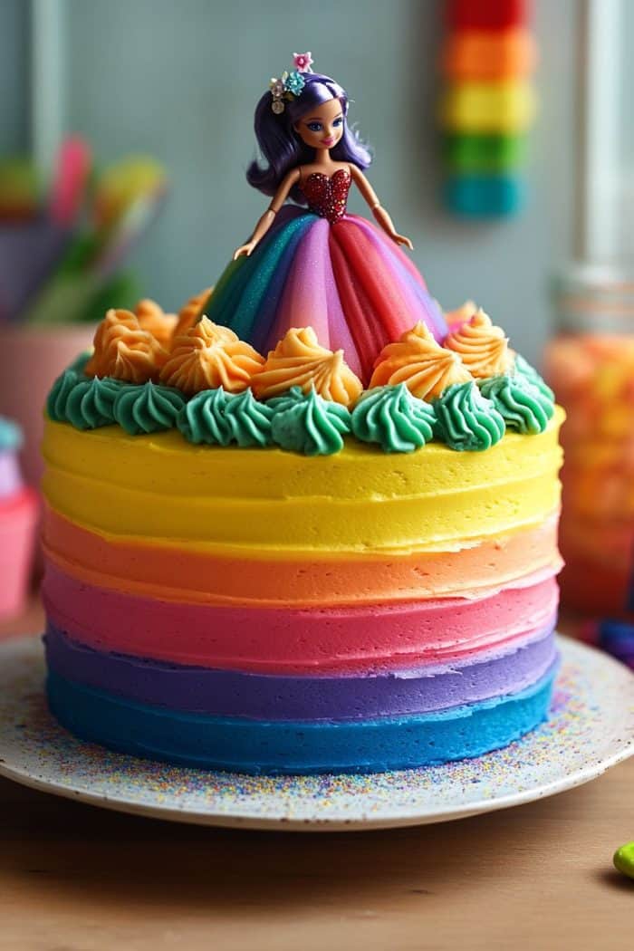 A vibrant rainbow cake topped with a mini Barbie doll in a colorful dress is displayed on a white plate. The cake has smooth layers in bright colors, decorated with swirls of frosting. Blurred colorful objects can be seen in the background.