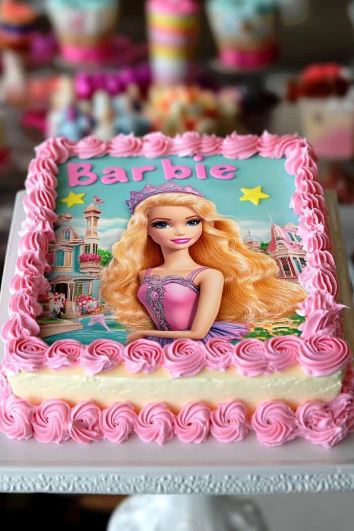 A decorated cake features a Barbie theme, with a detailed image of Barbie surrounded by pink frosting. The background includes a colorful, whimsical castle scene and yellow stars.