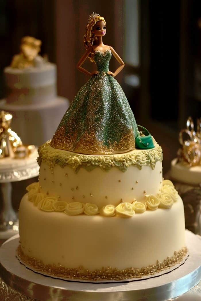 A tiered cake topped with a Barbie doll adorned in a sparkling green dress, mimicking a formal gown. The cake features elegant details with yellow rose decorations and ornate gold icing trim.