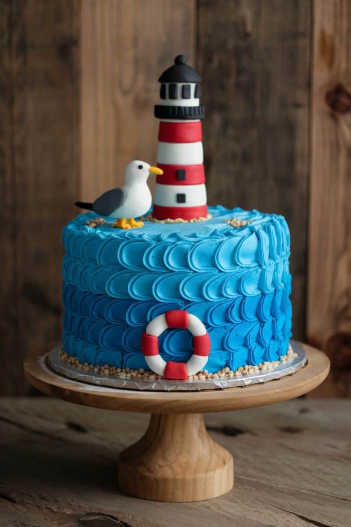 A blue cake with a textured wave pattern, topped with a lighthouse, a seagull, and a life preserver decoration. The cake sits on a wooden stand against a rustic wooden background.