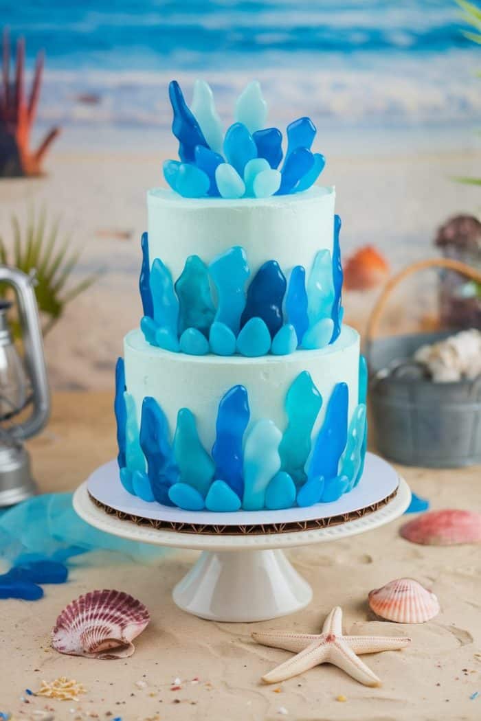 A two-tiered cake with blue and teal sugar shards on a beach-themed background. The cake is displayed on a white stand, surrounded by seashells and starfish, with a scenic ocean backdrop.
