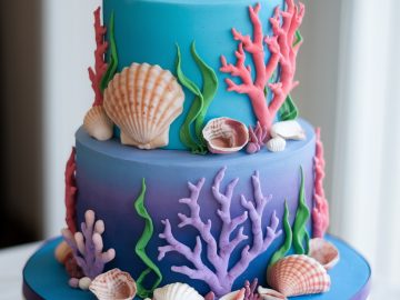 A two-tier ocean-themed cake with blue and purple fondant, decorated with edible seashells, coral, and seaweed designs. The cake is displayed on a white cake stand.