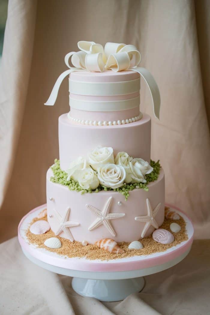 A three-tier pink wedding cake decorated with white roses, green foliage, and seashells. The cake has starfish accents and a large ribbon bow on top. It sits on a white cake stand with a beige cloth backdrop.