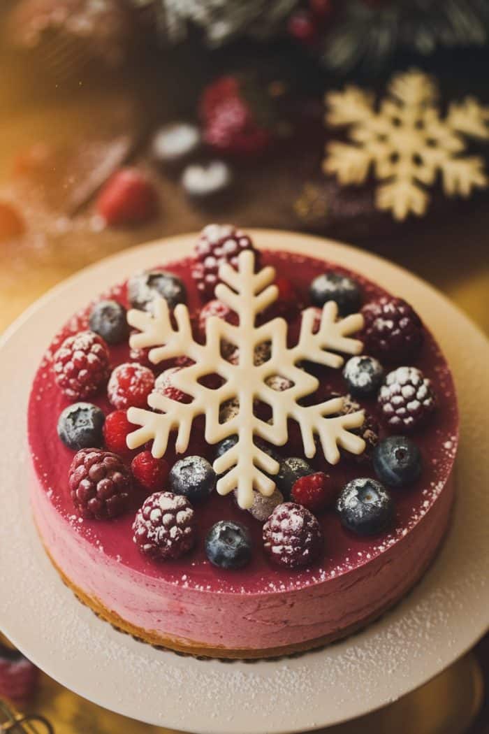 A festive berry cake topped with raspberries, blueberries, and a large white chocolate snowflake. The cake is dusted with powdered sugar, adding a wintery effect. It sits on a white plate, surrounded by a warm, soft-focus background.