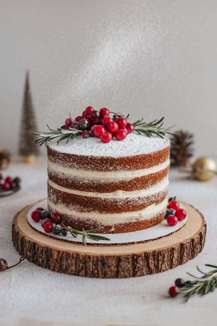 A festive naked cake decorated with layers of cream, topped with fresh cranberries and rosemary sprigs on a wooden stand. Powdered sugar is being dusted over the cake, adding a wintery touch.
