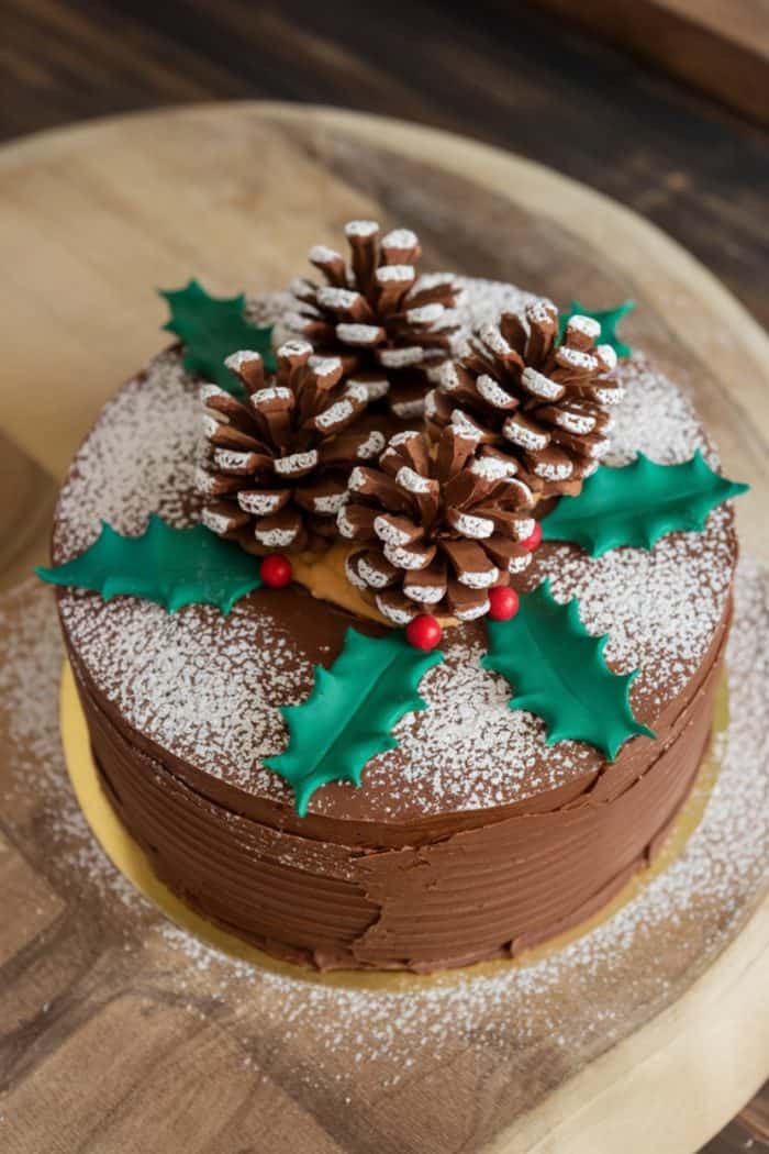 A chocolate cake decorated with edible pine cones, green holly leaves, and red berries. The cake is placed on a wooden surface and lightly dusted with powdered sugar.