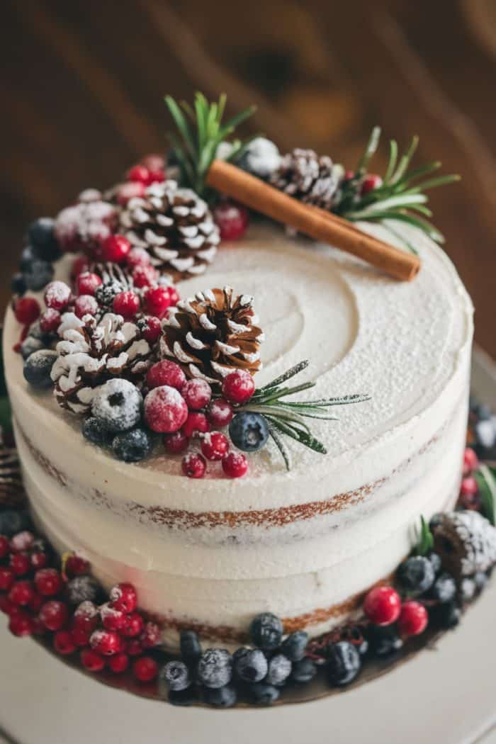 A rustic frosted cake topped with pine cones, cinnamon sticks, and an assortment of berries, including red currants and blueberries. The cake has a lightly dusted powdered sugar finish and sprigs of rosemary for decoration.
