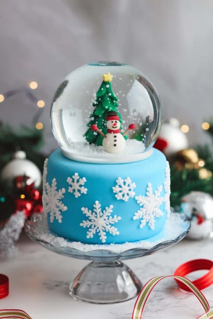 A blue cake decorated with white snowflakes is topped with a snow globe. Inside the globe is a snowman and a Christmas tree. The cake sits on a glass stand, surrounded by festive decorations and ribbons.
