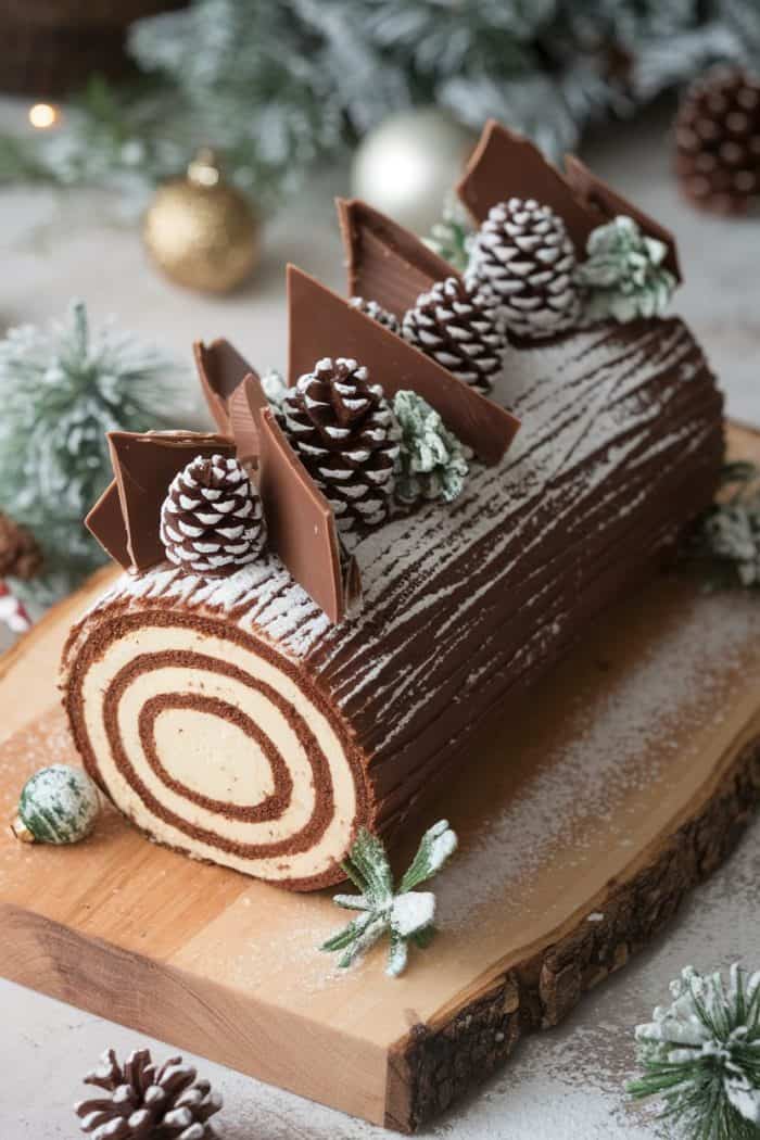 A chocolate yule log cake with a spiral cream center is decorated with chocolate pieces and dusted pine cones. It sits on a wooden board surrounded by snow-dusted pine branches and ornaments, creating a festive holiday atmosphere.