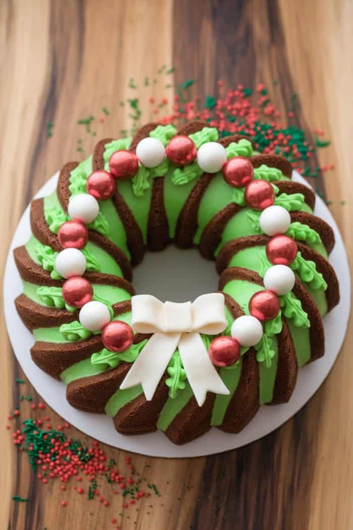 Festive bundt cake on a wooden surface, decorated with green frosting and a ring of red and white spherical ornaments, topped with a white bow. Red and green sprinkles scattered around.