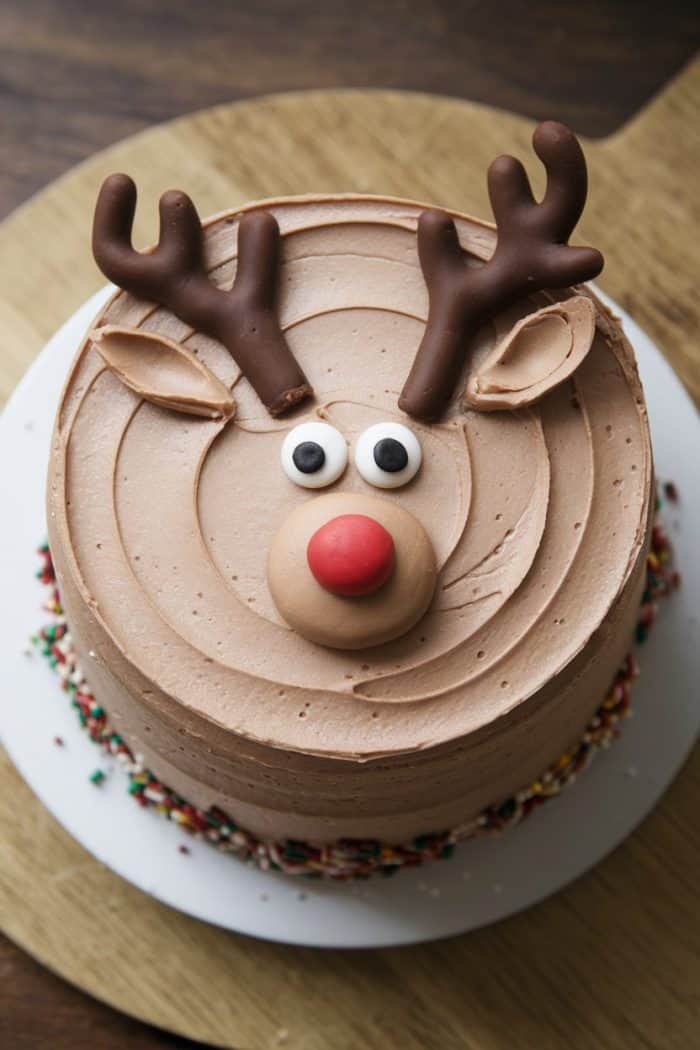 A cake decorated with reindeer features, including antlers, eyes, and a red nose made from frosting and fondant, sits on a white plate. The cake has a smooth, swirled chocolate frosting and is surrounded by colorful sprinkles.
